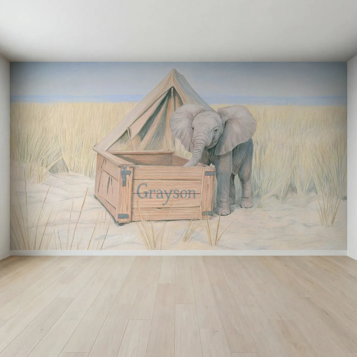 Full view of Baby Elephant Camp Personalized Wall Mural by Whimsy Tots