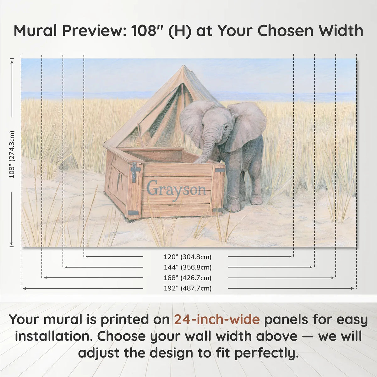 Panel layout and dimensions for Baby Elephant Camp Personalized Wall Mural by Whimsy Tots