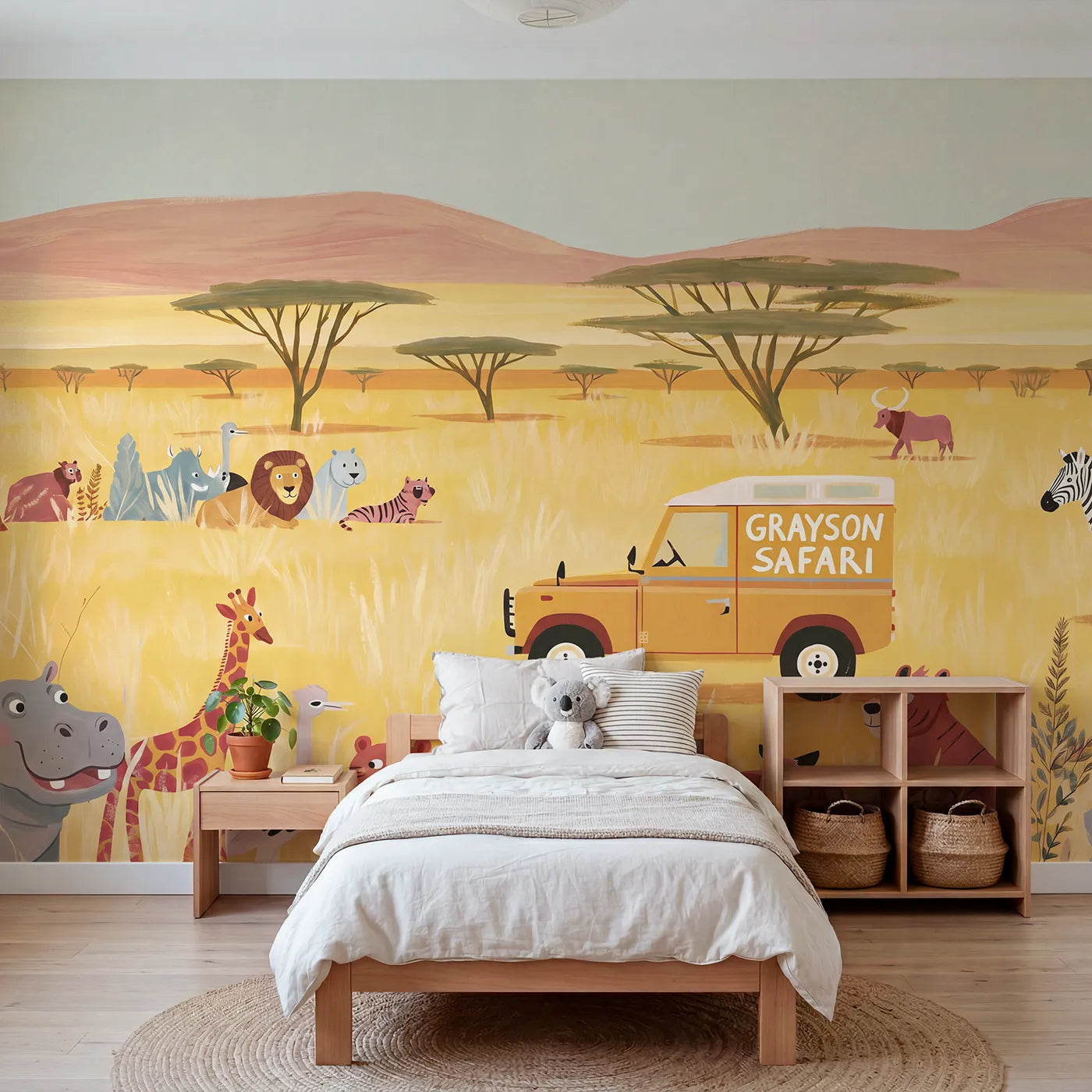 Modern Illustration safari jeep personalized wall mural with name door for playroom by Whimsy Tots