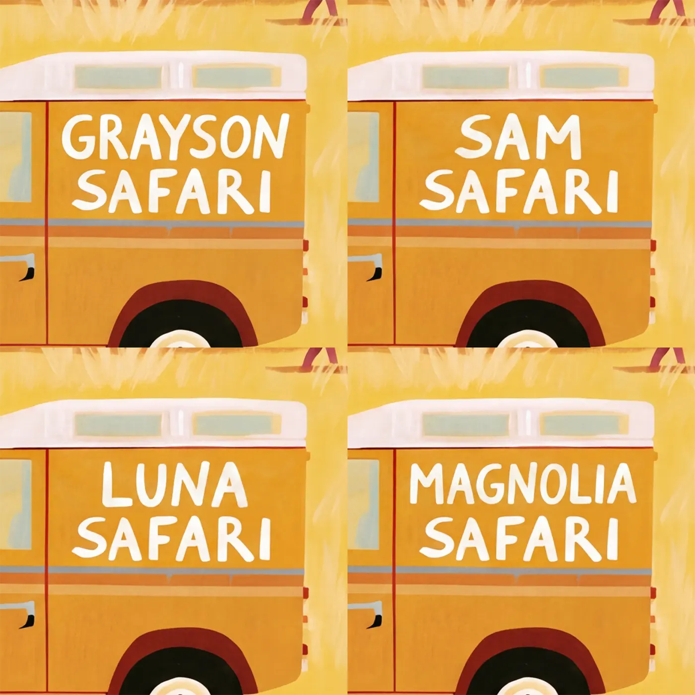 Four name preview examples of Safari Jeep Adventure Personalized Wall Mural by Whimsy Tots