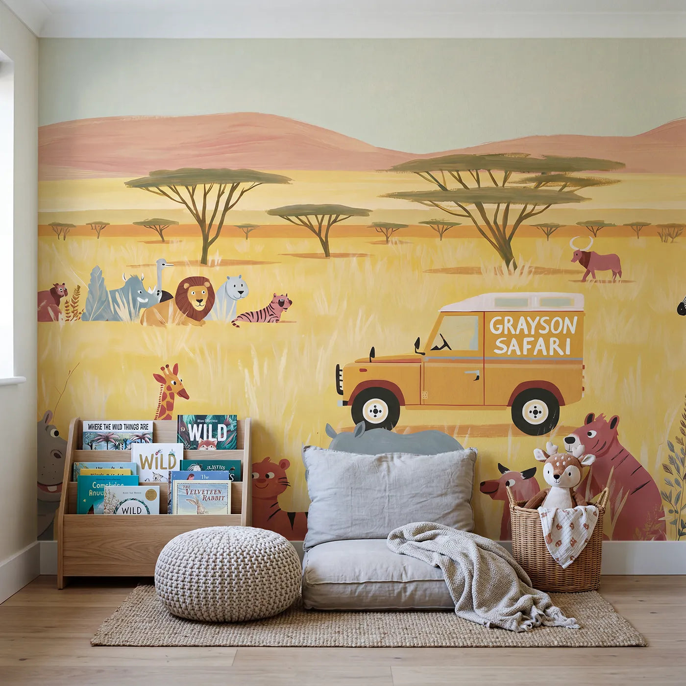 Safari Jeep Adventure Personalized Wall Mural in playroom setting by Whimsy Tots