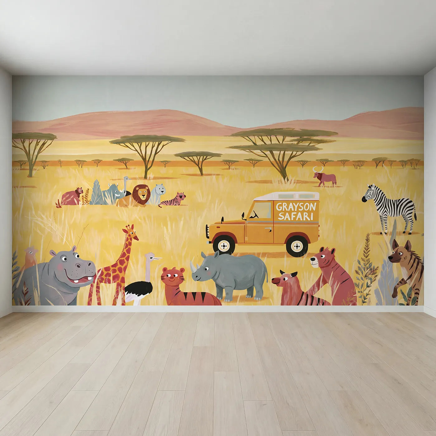 Full view of Safari Jeep Adventure Personalized Wall Mural by Whimsy Tots