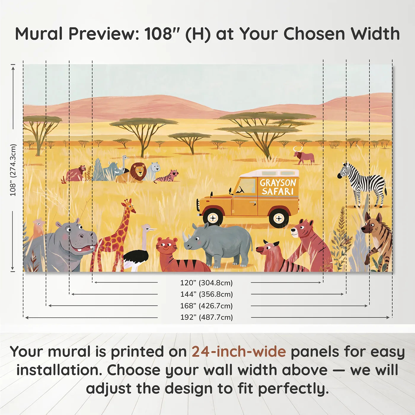 Panel layout and dimensions for Safari Jeep Adventure Personalized Wall Mural by Whimsy Tots