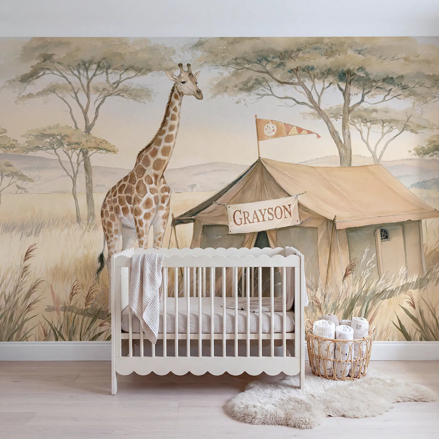 Storybook giraffe safari camp personalized wall mural with name pennant by Whimsy Tots