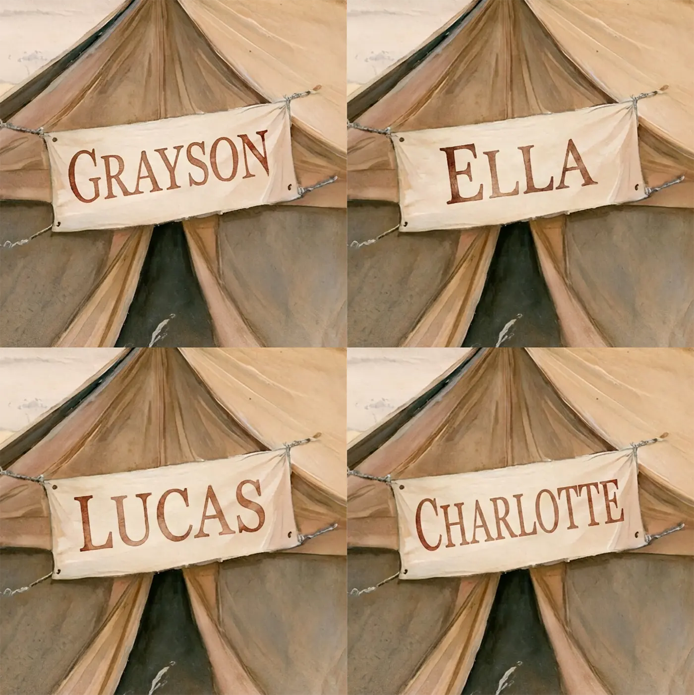 Four name preview examples of Giraffe Safari Camp Personalized Wall Mural by Whimsy Tots