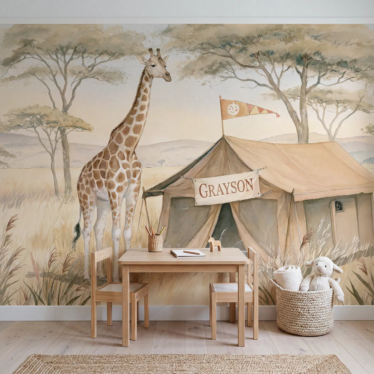 Giraffe Safari Camp Personalized Wall Mural in playroom setting by Whimsy Tots