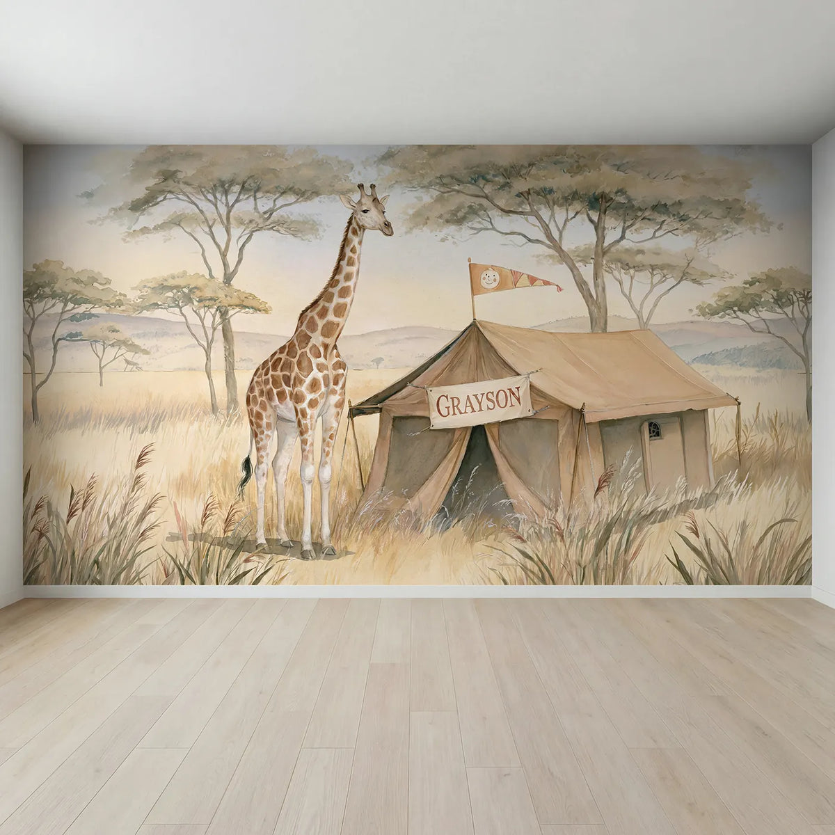Full view of Giraffe Safari Camp Personalized Wall Mural by Whimsy Tots