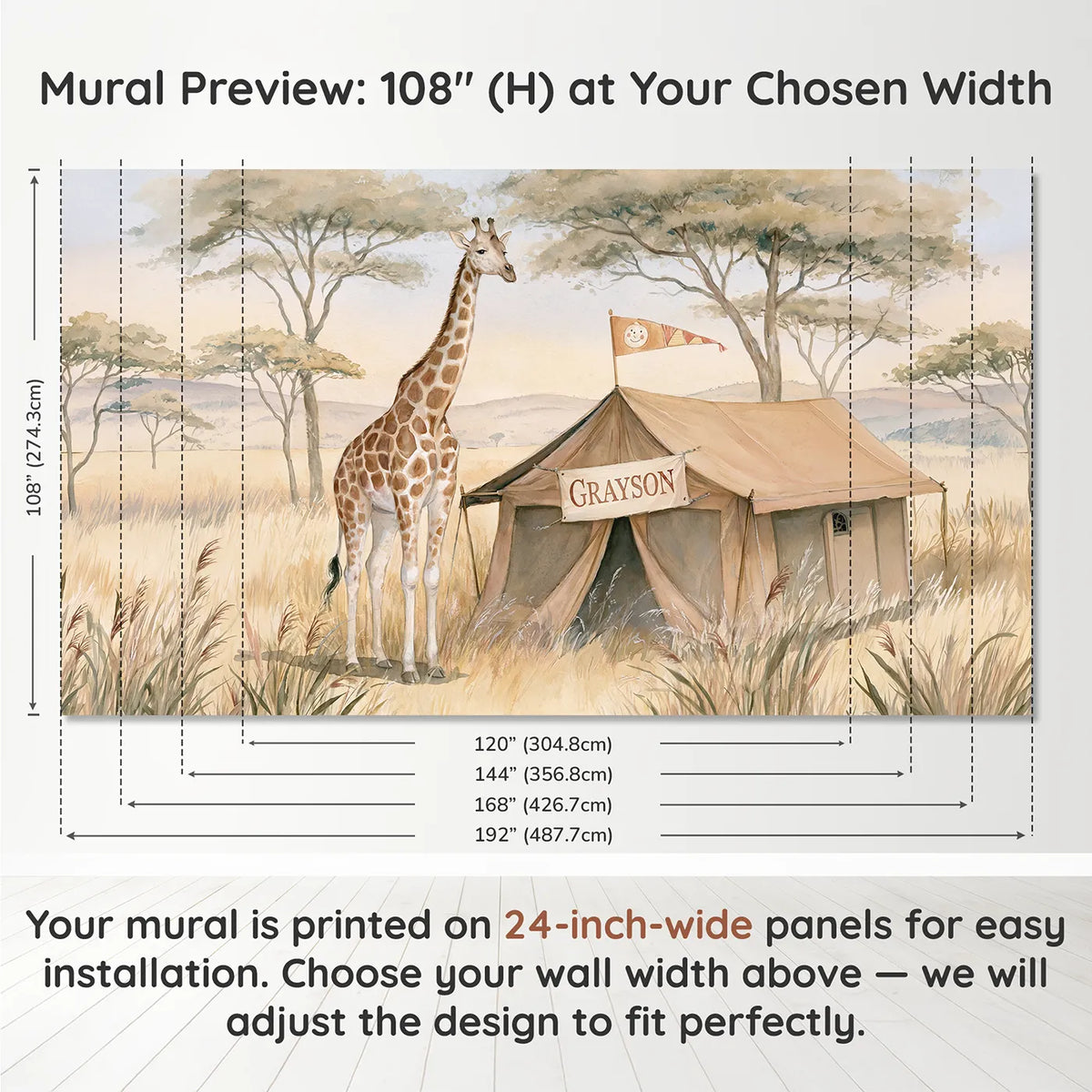 Panel layout and dimensions for Giraffe Safari Camp Personalized Wall Mural by Whimsy Tots