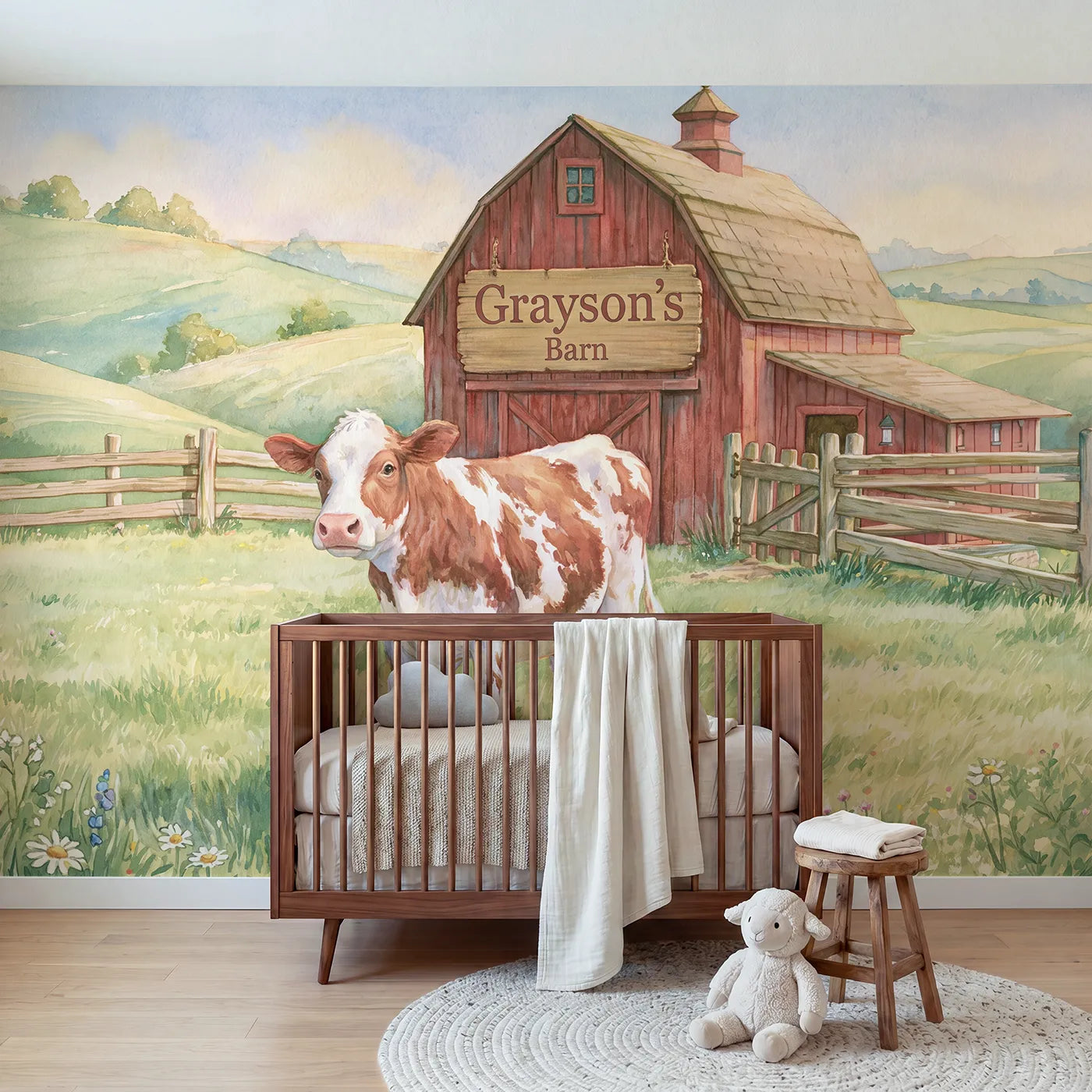 Storybook cow red barn personalized wall mural with name sign for toddler room by Whimsy Tots