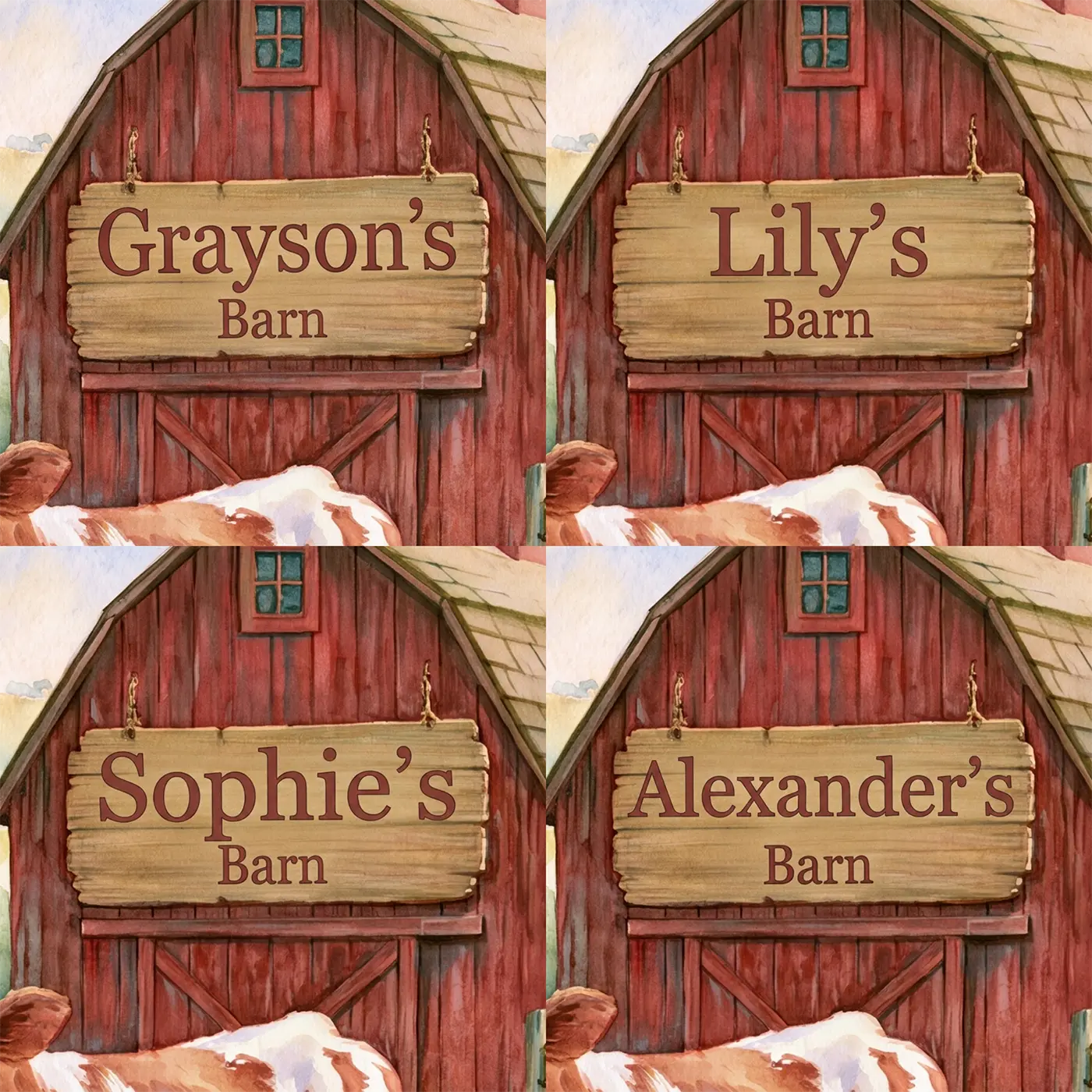 Four name preview examples of Friendly Cow Barn Personalized Wall Mural by Whimsy Tots