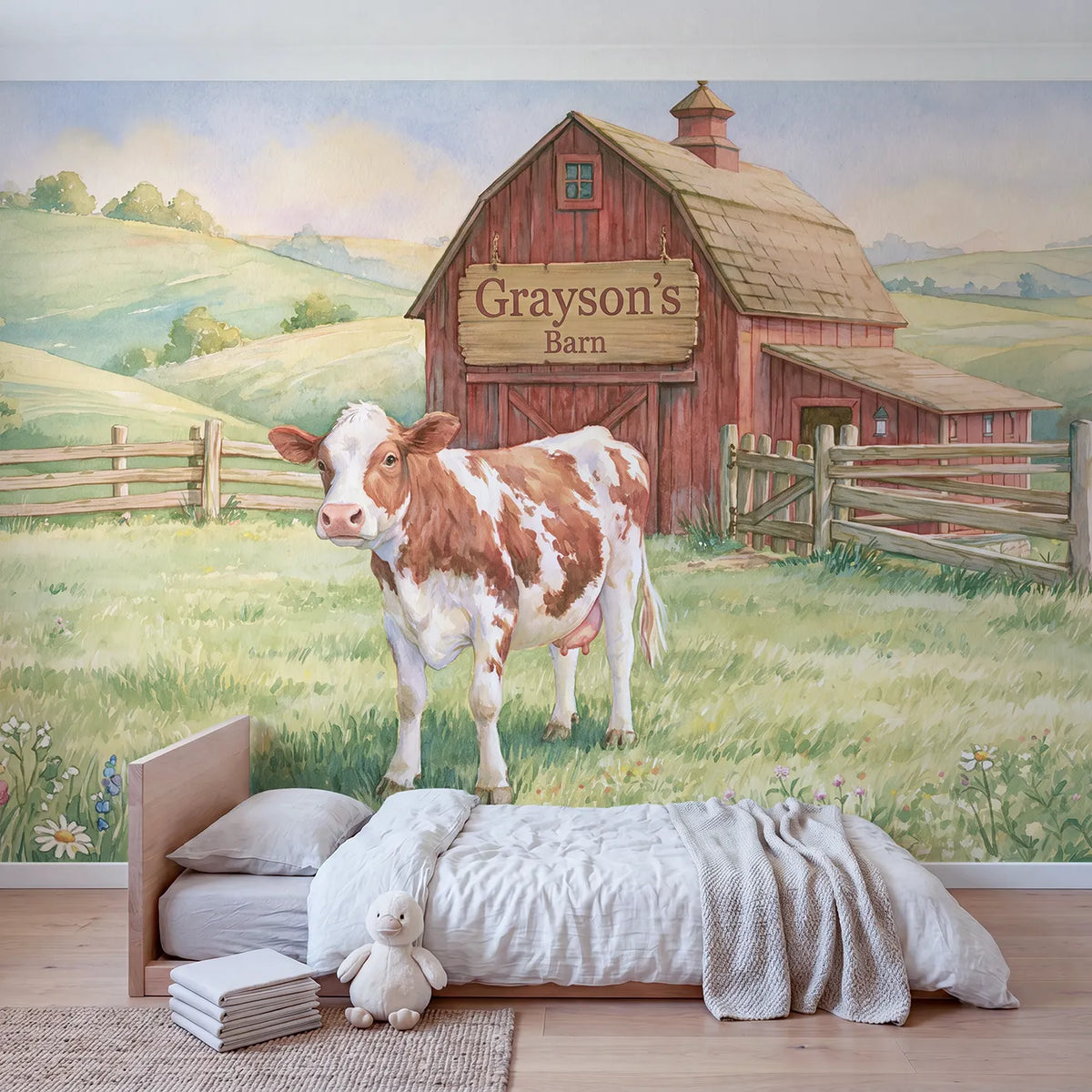 Friendly Cow Barn Personalized Wall Mural in playroom setting by Whimsy Tots