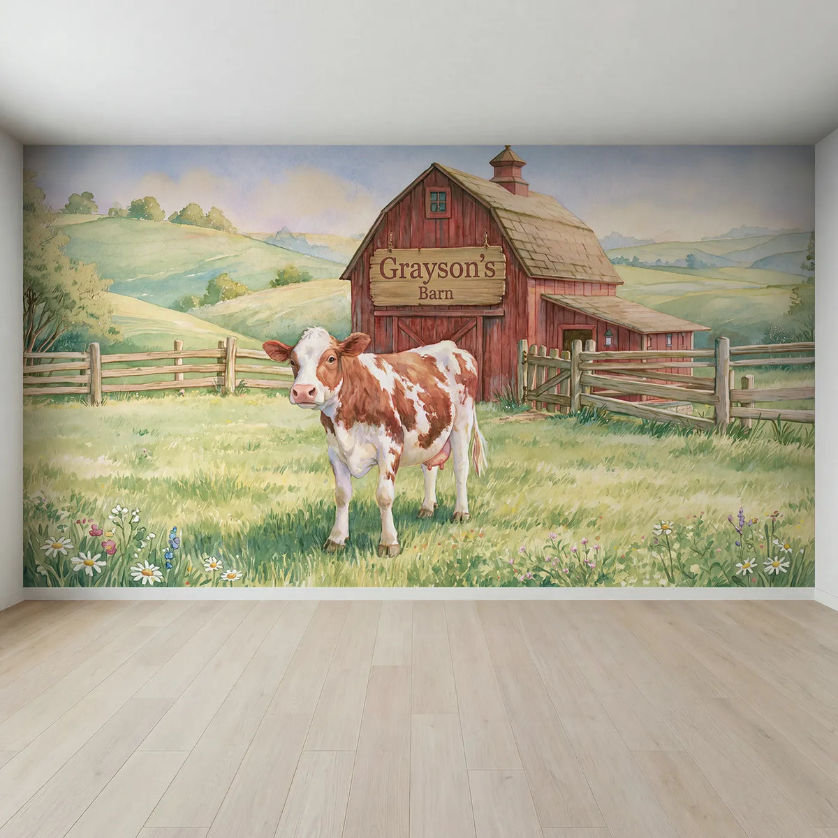 Full view of Friendly Cow Barn Personalized Wall Mural by Whimsy Tots