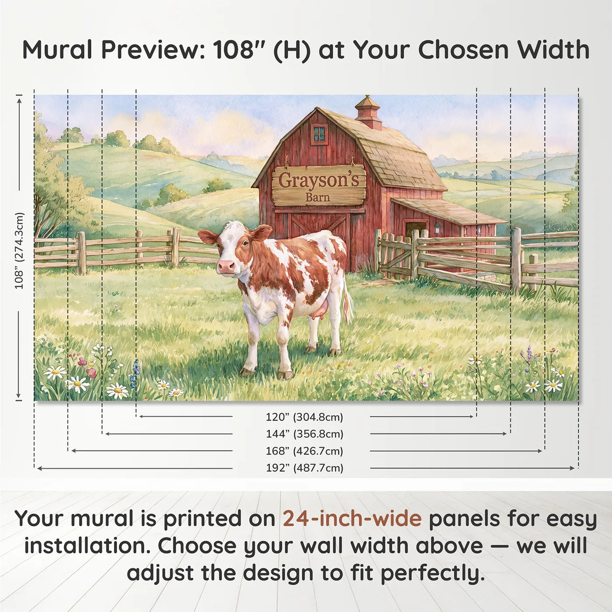 Panel layout and dimensions for Friendly Cow Barn Personalized Wall Mural by Whimsy Tots