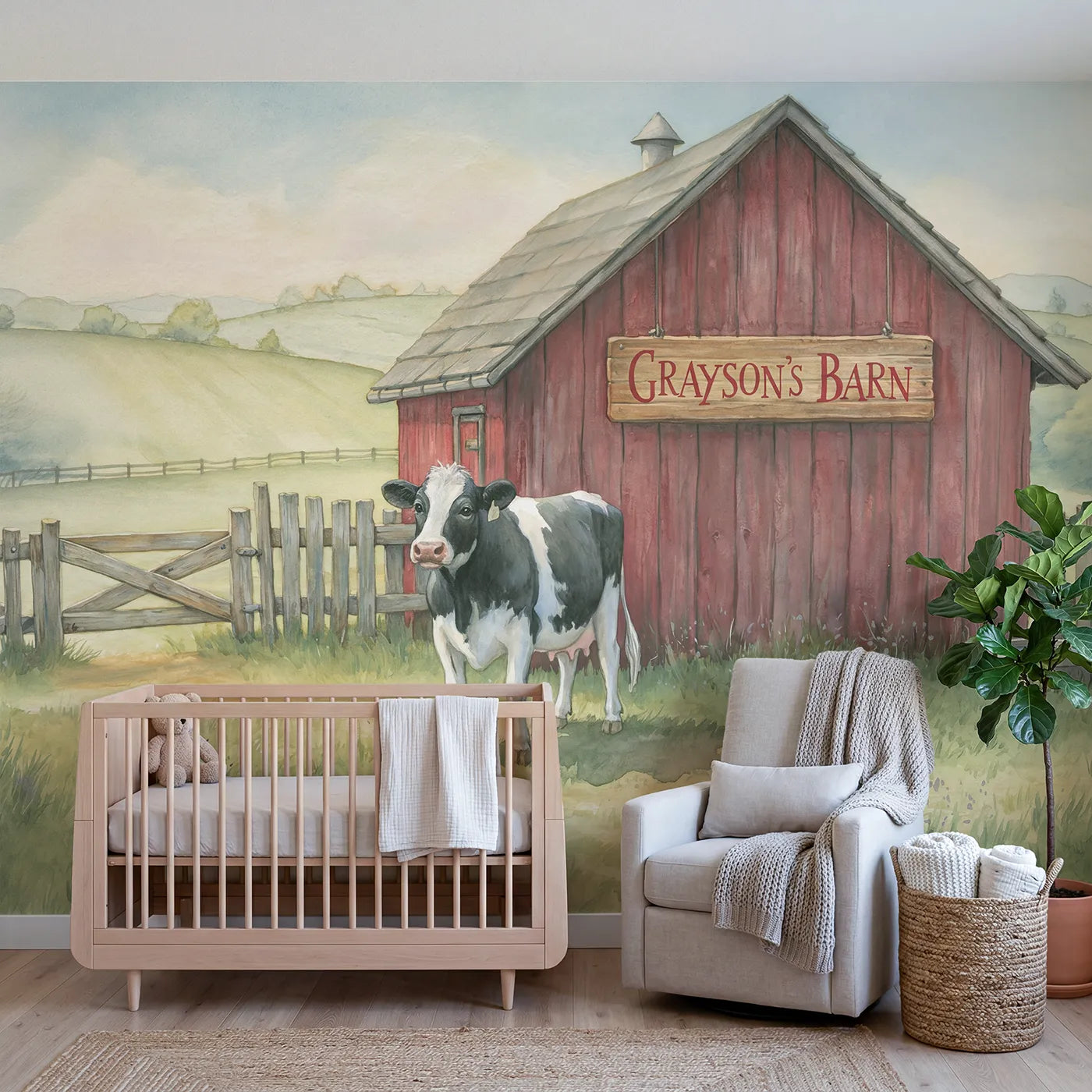 Colored pencil calf farm gate personalized wall mural with name sign for nursery by Whimsy Tots