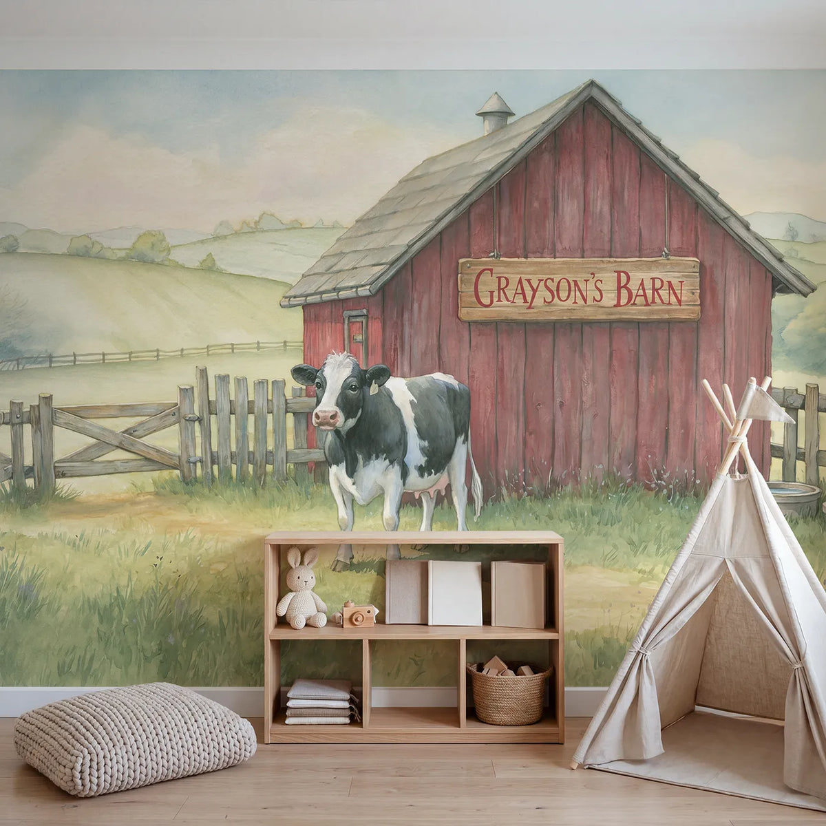 Little Calf Gate Personalized Wall Mural in playroom setting by Whimsy Tots