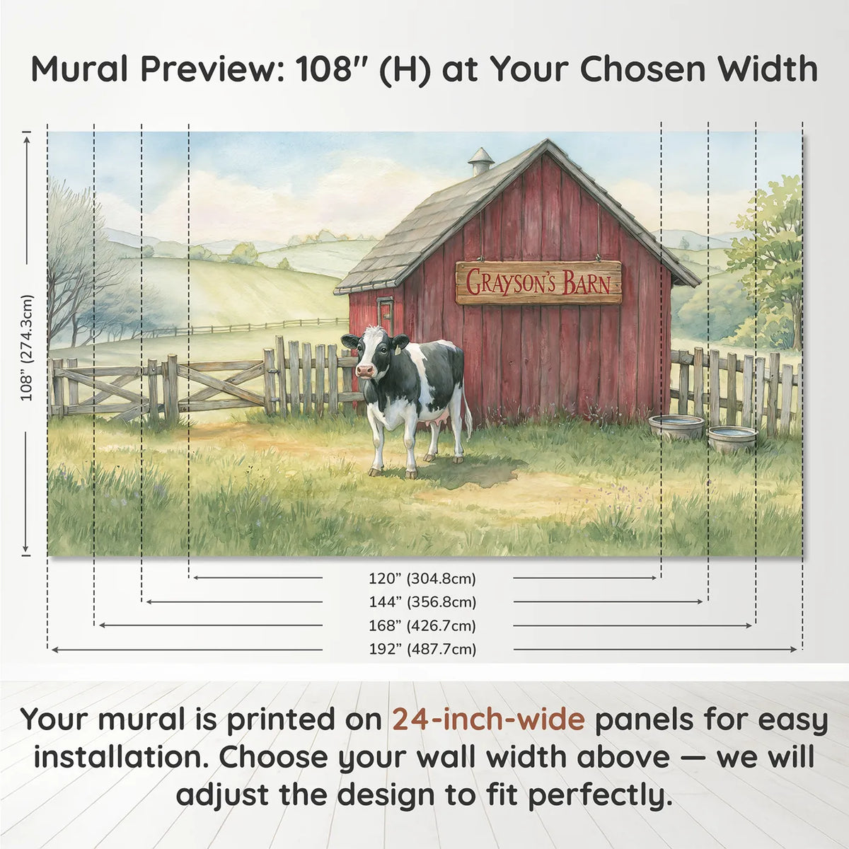 Panel layout and dimensions for Little Calf Gate Personalized Wall Mural by Whimsy Tots