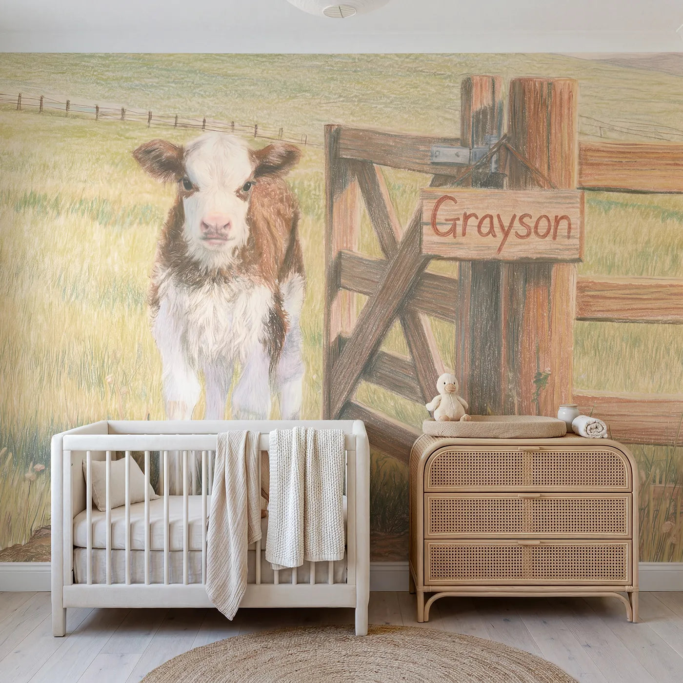 Storybook pig cozy pen personalized wall mural with name sign for toddler room by Whimsy Tots