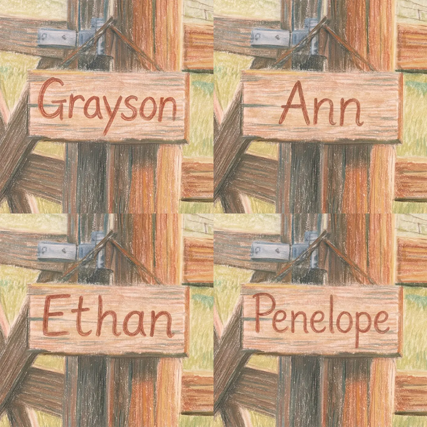 Four name preview examples of Happy Farm Pig Personalized Wall Mural by Whimsy Tots