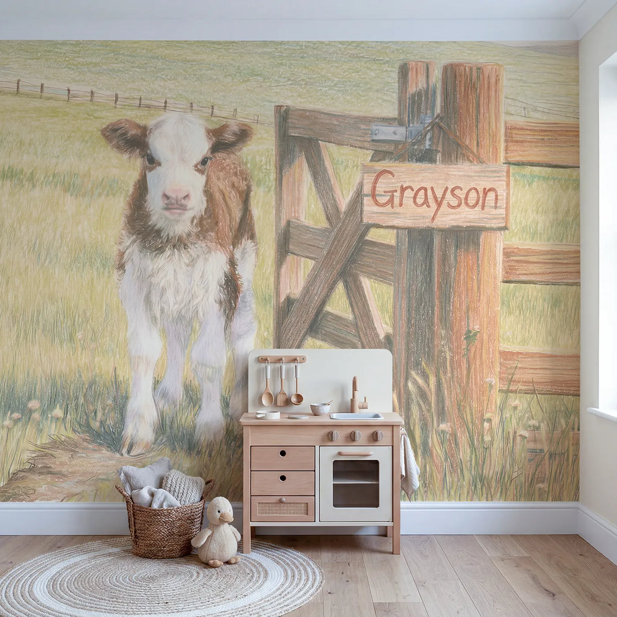 Happy Farm Pig Personalized Wall Mural in playroom setting by Whimsy Tots