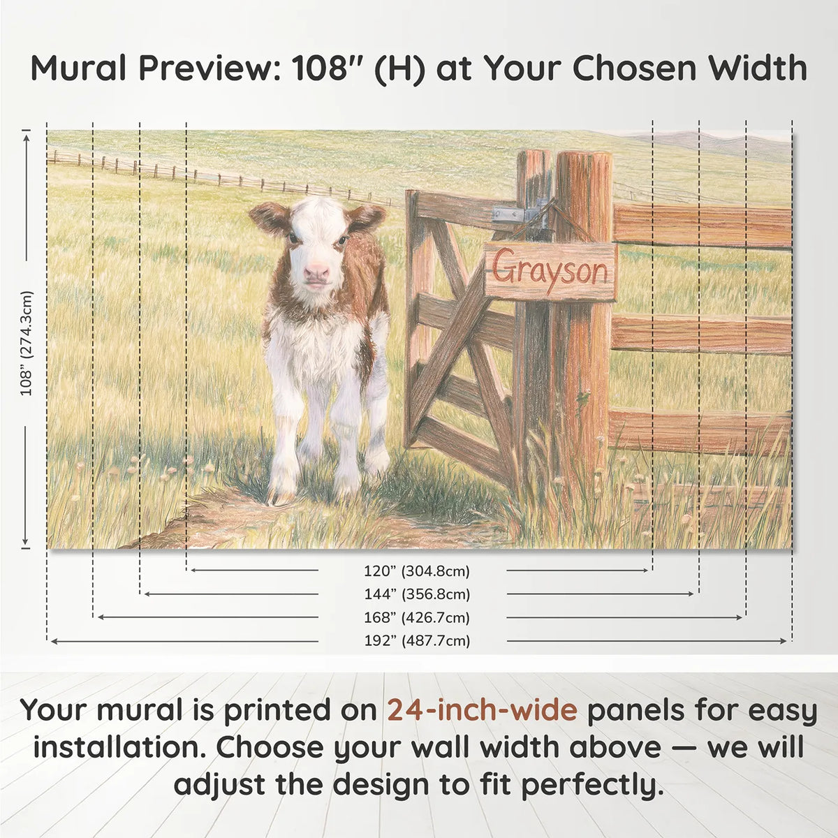 Panel layout and dimensions for Happy Farm Pig Personalized Wall Mural by Whimsy Tots