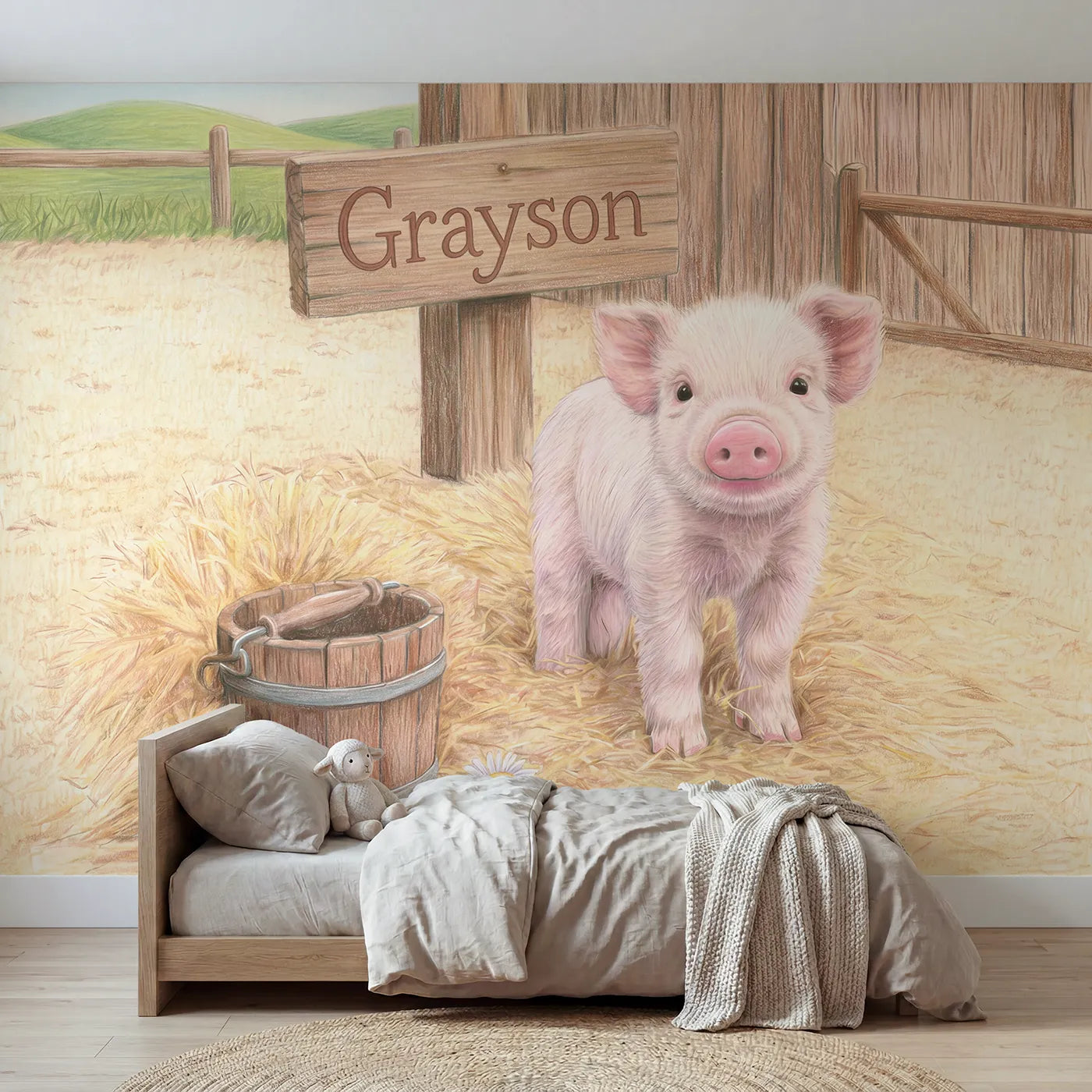 Colored pencil piglet farmyard personalized wall mural with name sign for kids room by Whimsy Tots