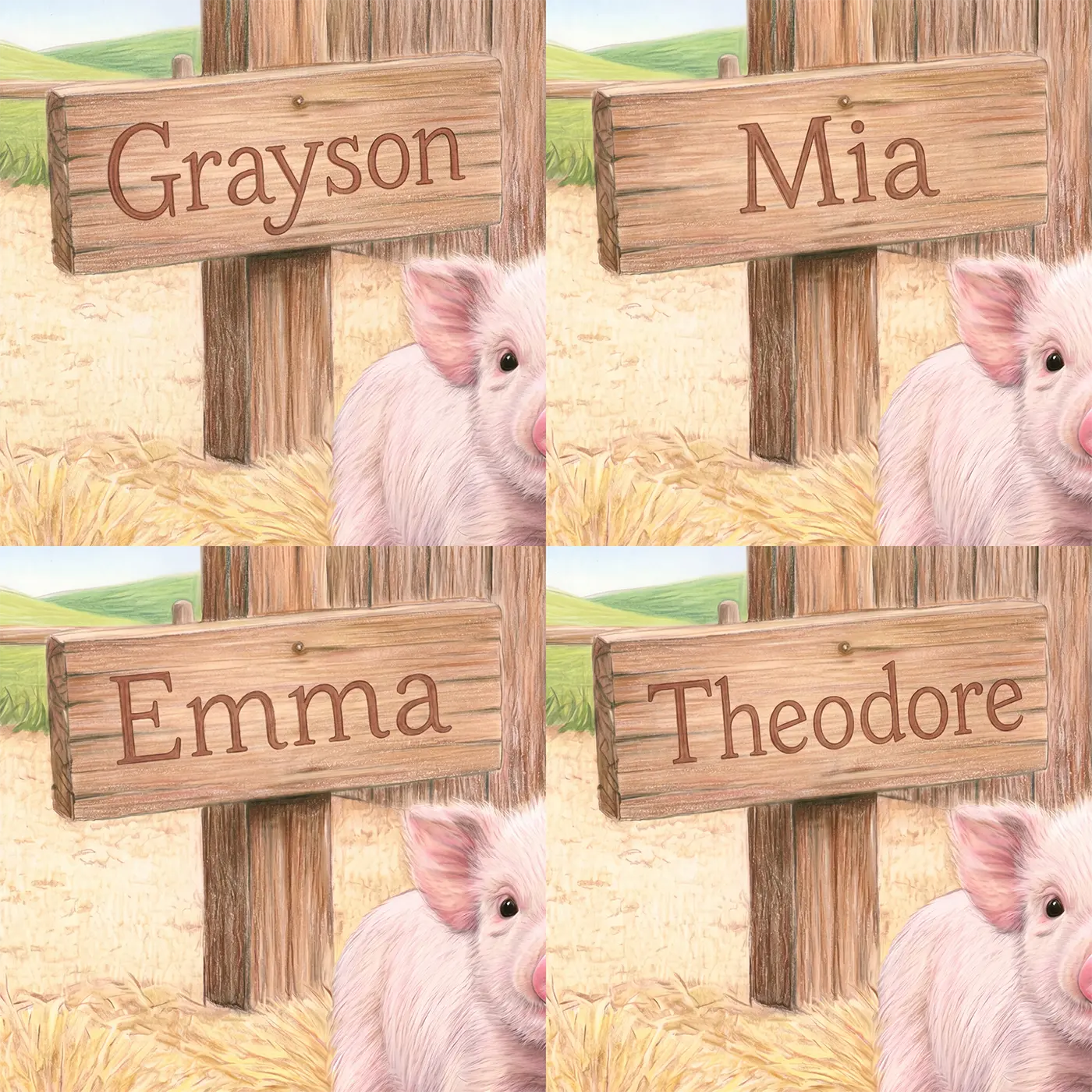 Four name preview examples of Tiny Piglet Farmyard Personalized Wall Mural by Whimsy Tots