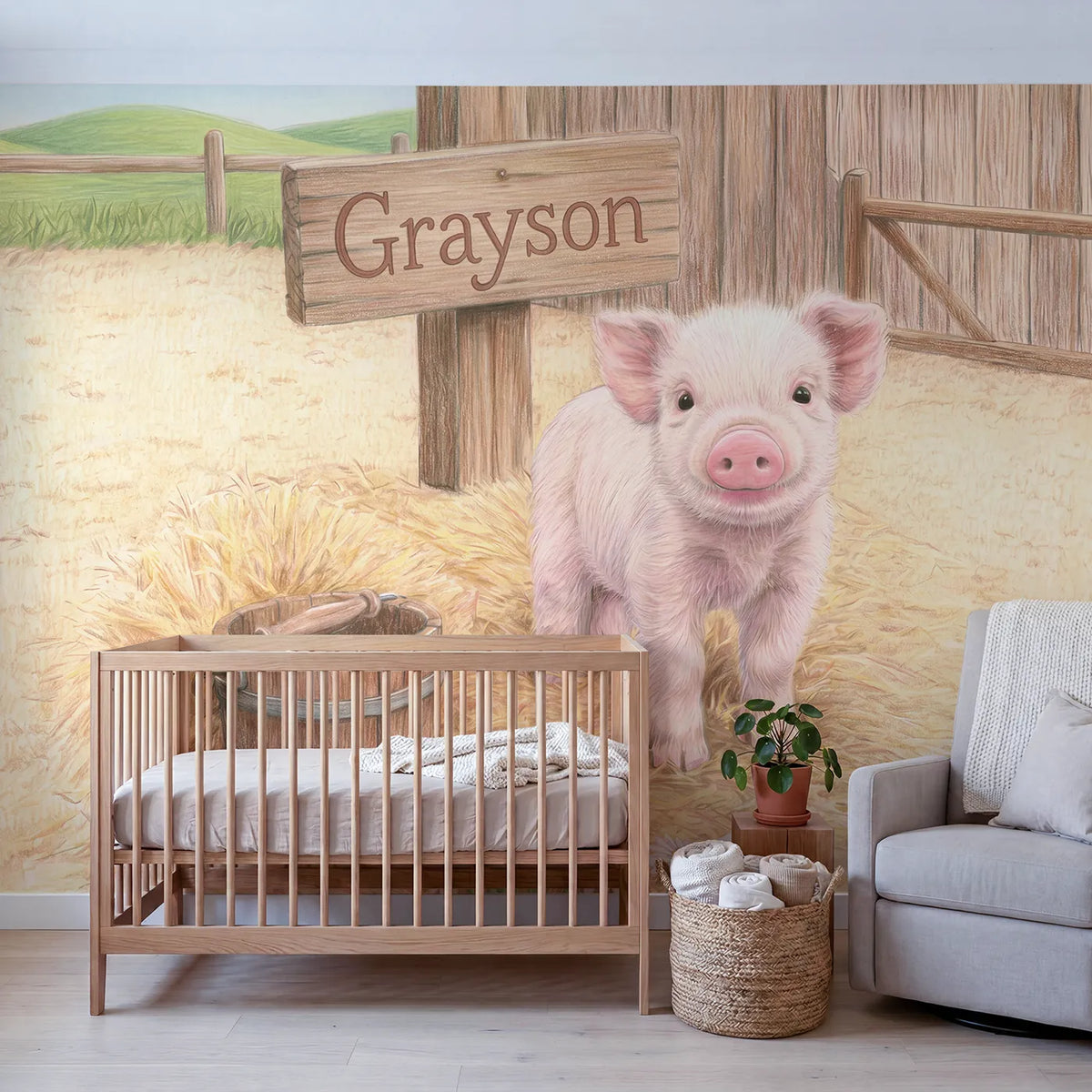Tiny Piglet Farmyard Personalized Wall Mural in playroom setting by Whimsy Tots