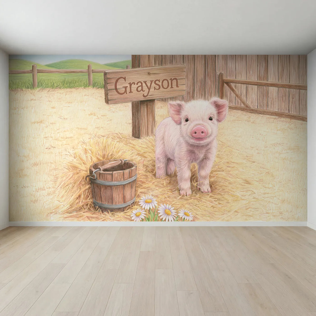 Full view of Tiny Piglet Farmyard Personalized Wall Mural by Whimsy Tots