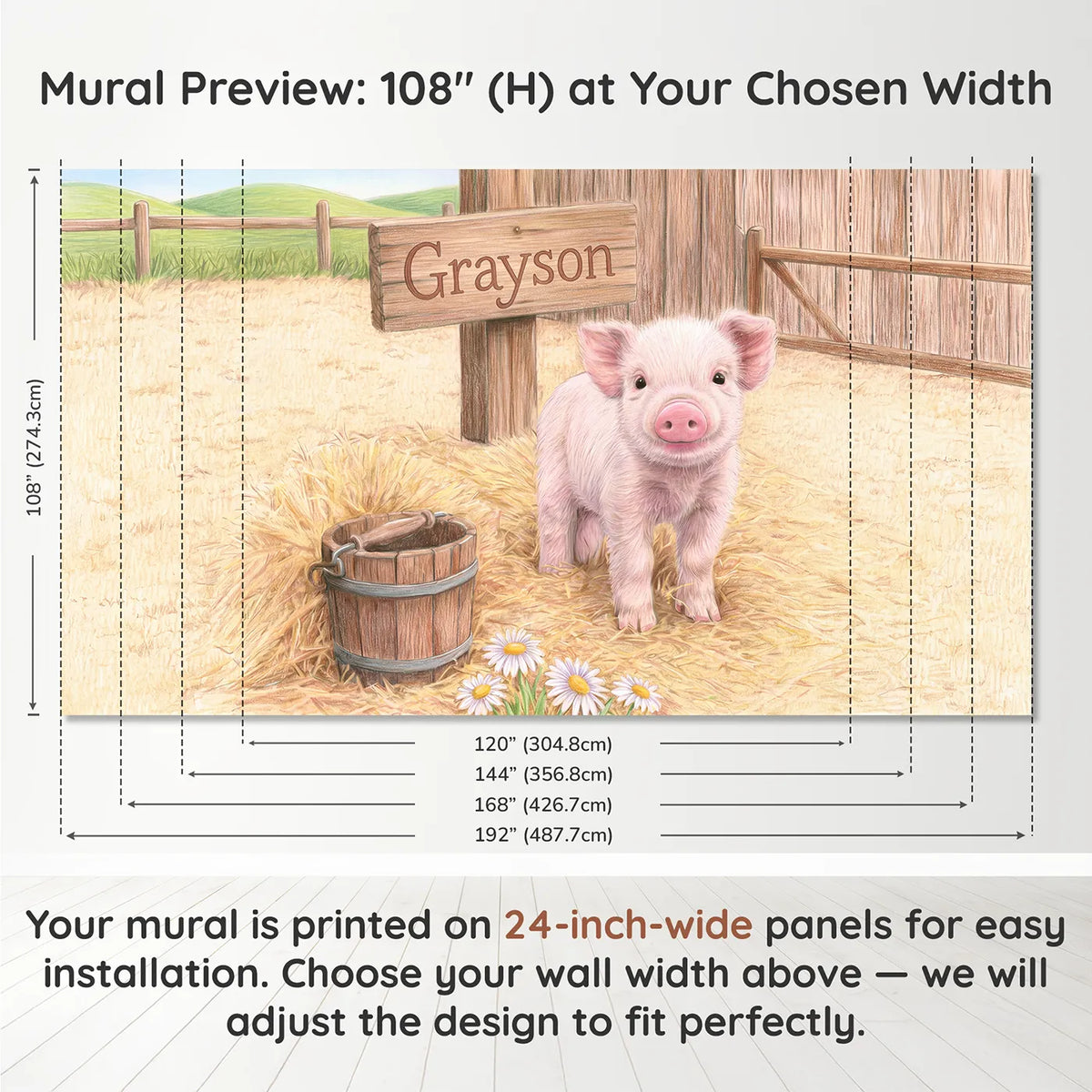 Panel layout and dimensions for Tiny Piglet Farmyard Personalized Wall Mural by Whimsy Tots