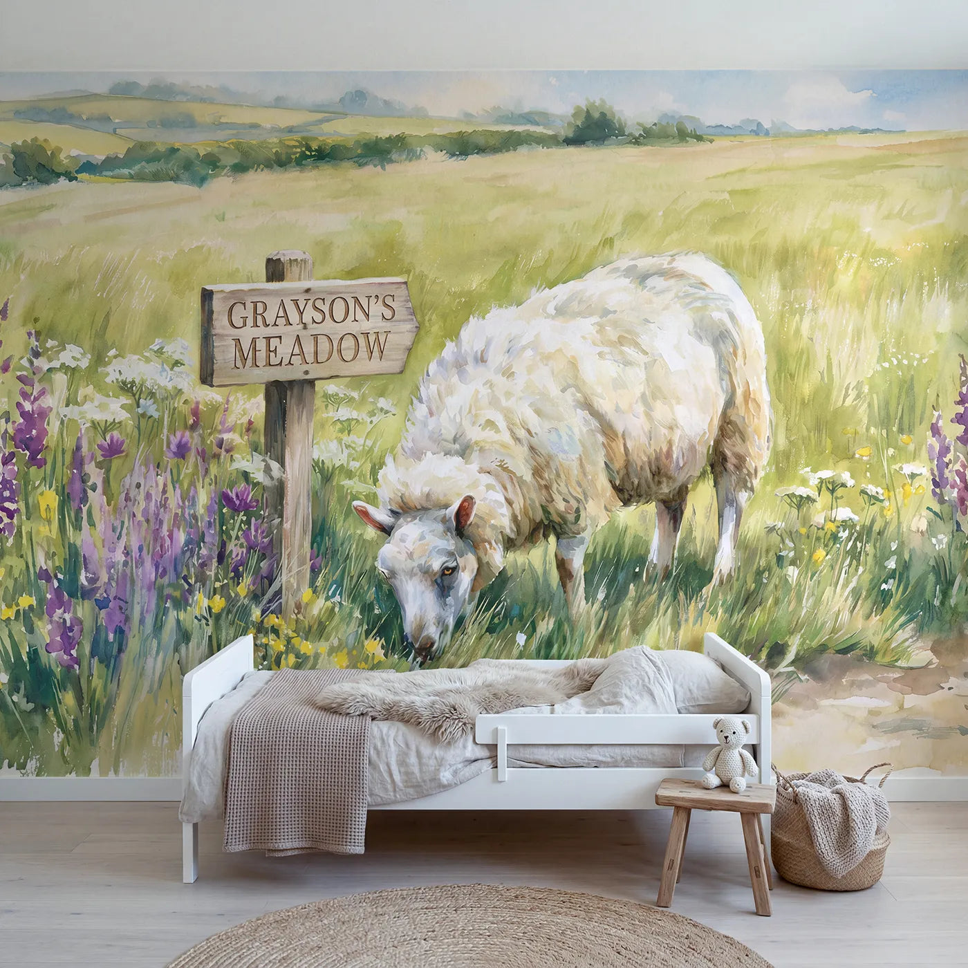Watercolor sheep meadow personalized wall mural with name signpost for nursery by Whimsy Tots