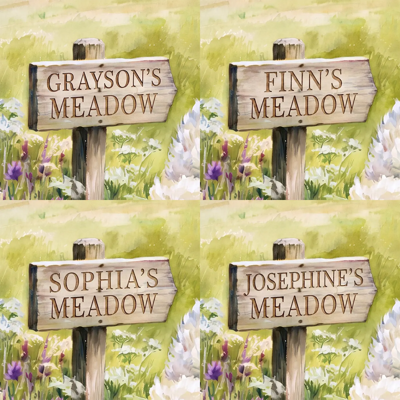 Four name preview examples of Fluffy Sheep Meadow Personalized Wall Mural by Whimsy Tots