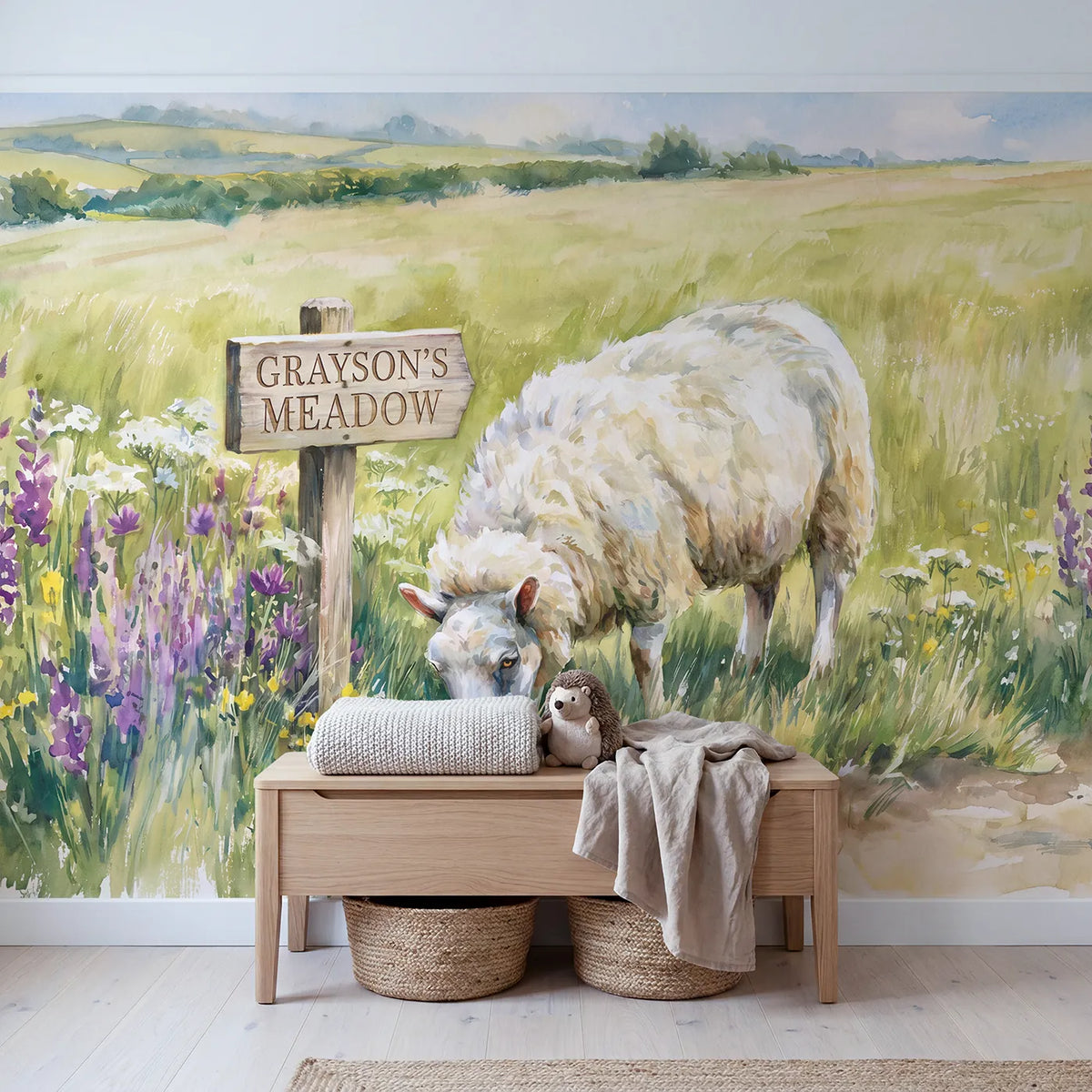 Fluffy Sheep Meadow Personalized Wall Mural in playroom setting by Whimsy Tots