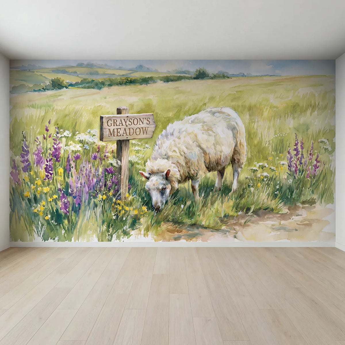 Full view of Fluffy Sheep Meadow Personalized Wall Mural by Whimsy Tots