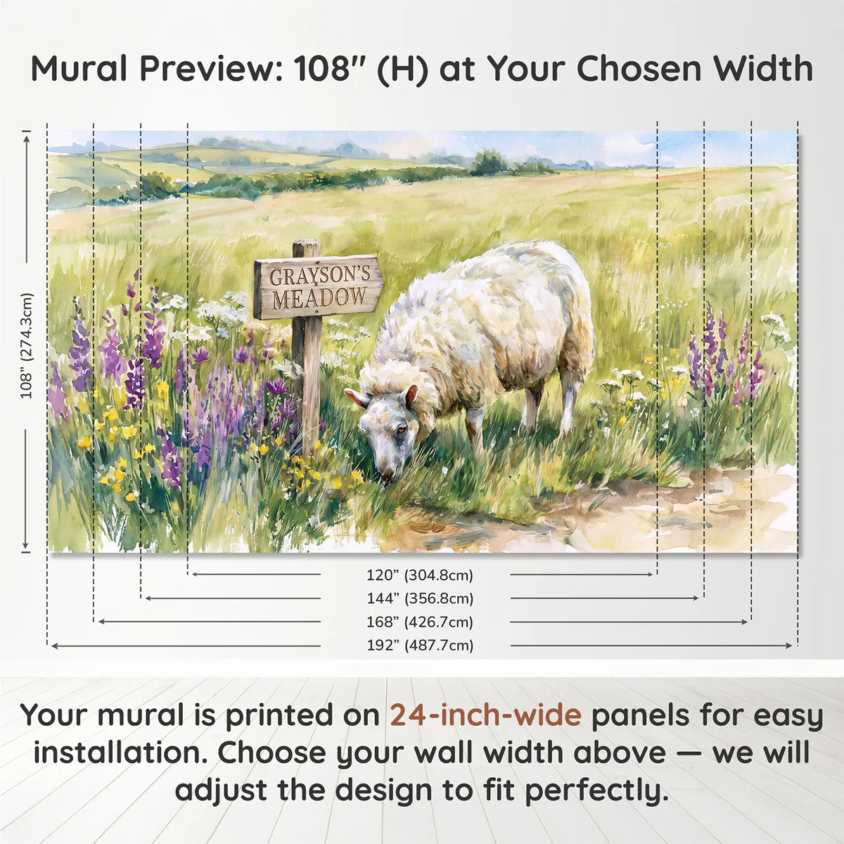 Panel layout and dimensions for Fluffy Sheep Meadow Personalized Wall Mural by Whimsy Tots