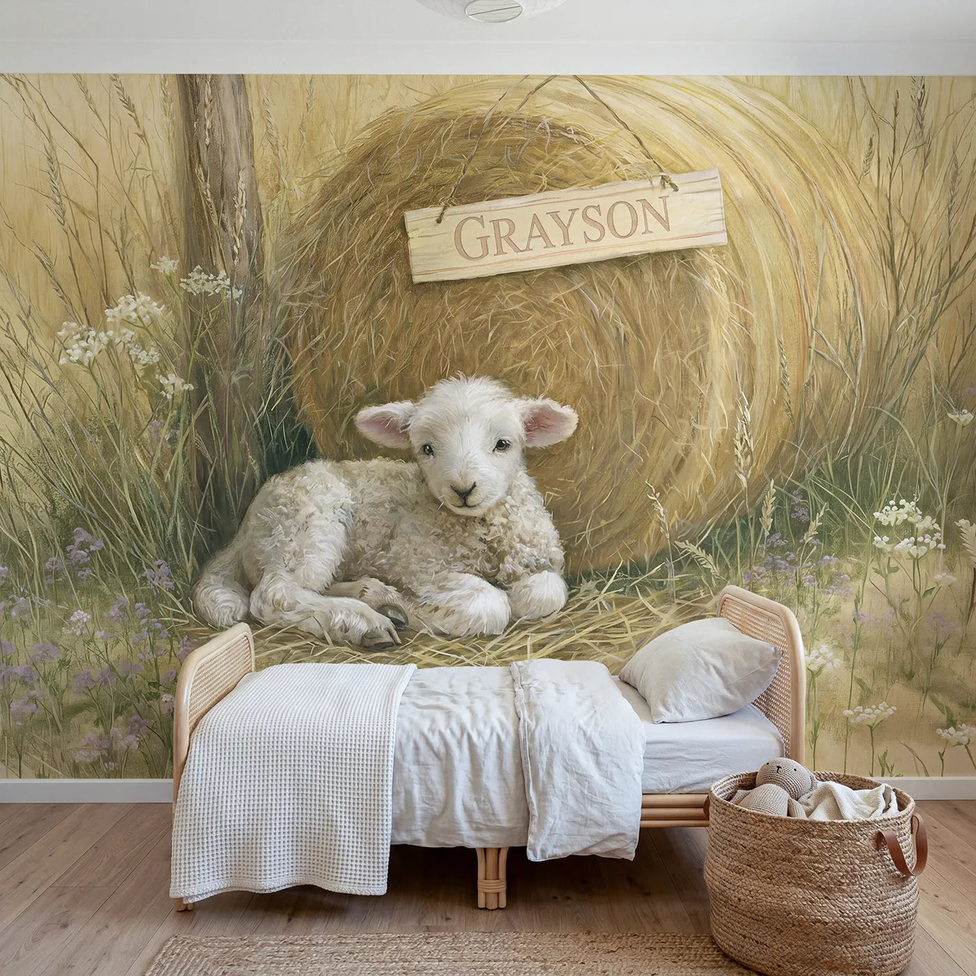 Storybook lamb hay bale personalized wall mural with name sign for nursery by Whimsy Tots