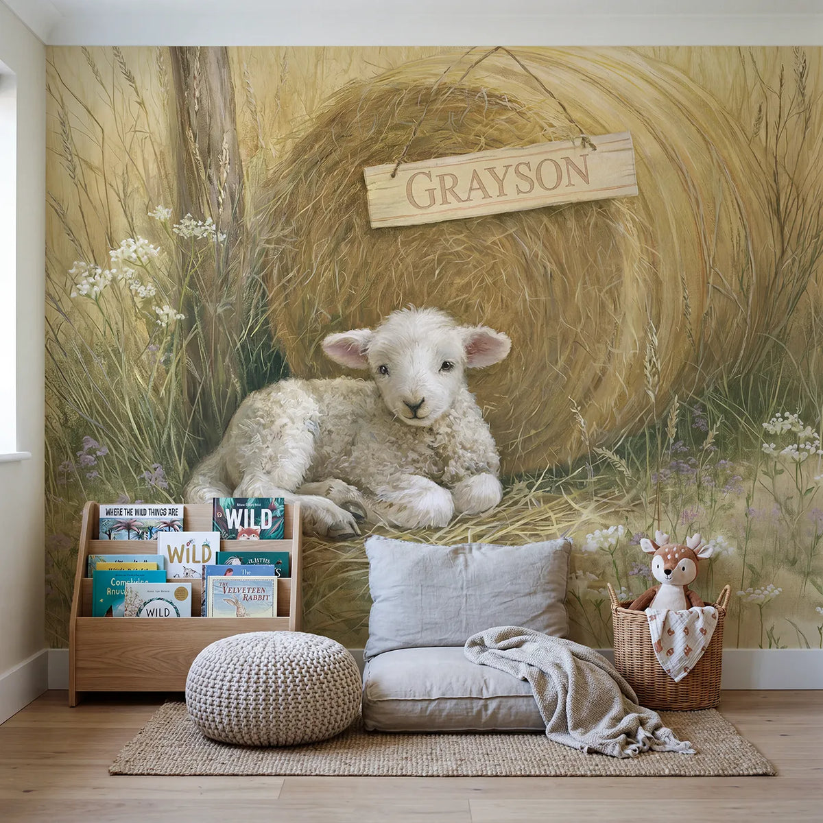 Little Lamb Hay Personalized Wall Mural in playroom setting by Whimsy Tots