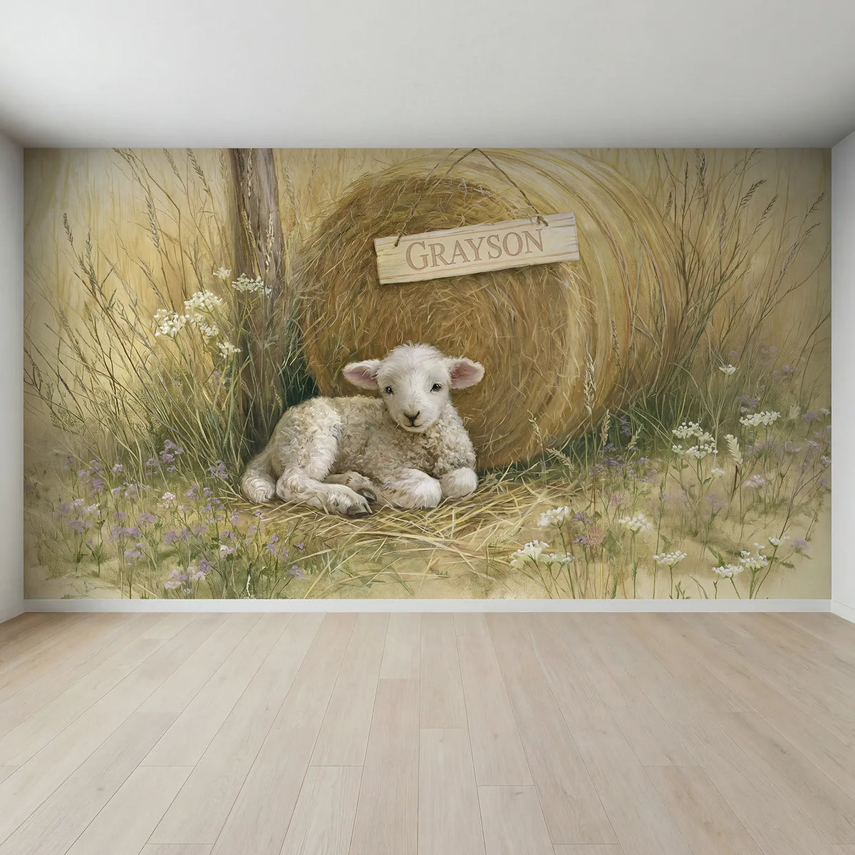 Full view of Little Lamb Hay Personalized Wall Mural by Whimsy Tots