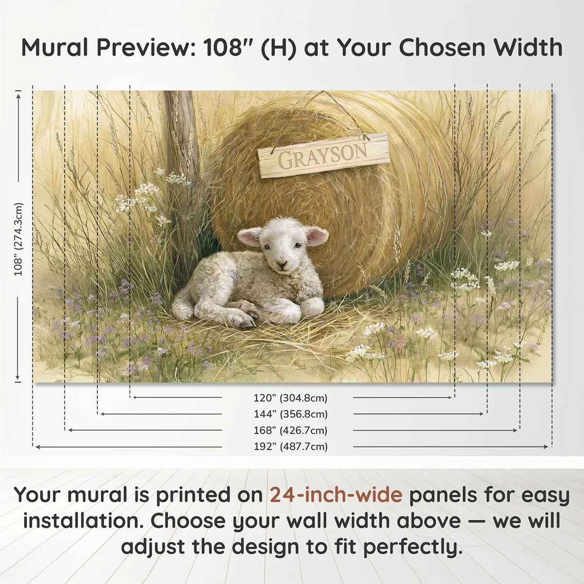 Panel layout and dimensions for Little Lamb Hay Personalized Wall Mural by Whimsy Tots