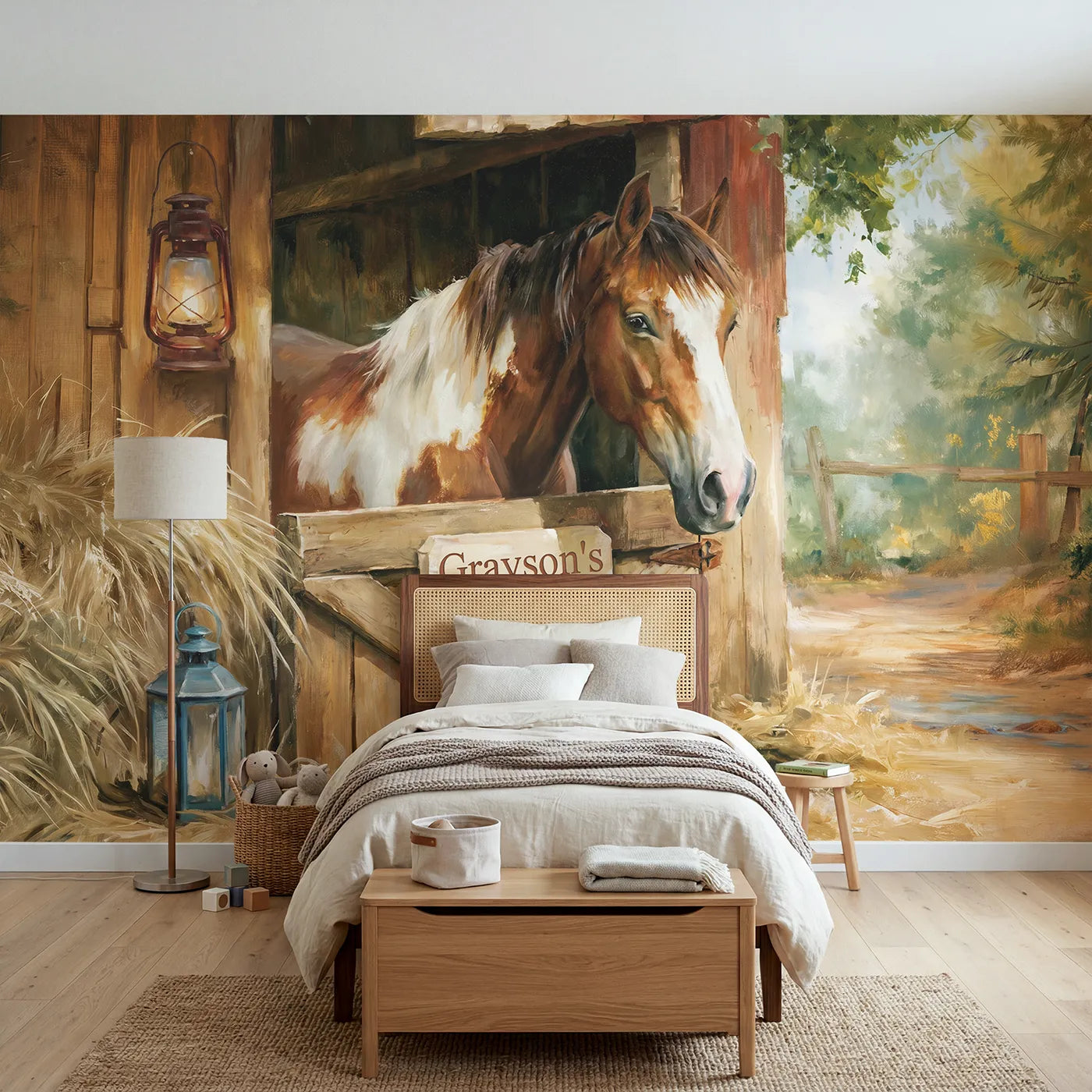 Watercolor pony stable personalized wall mural with nameplate for big-kid bedroom by Whimsy Tots