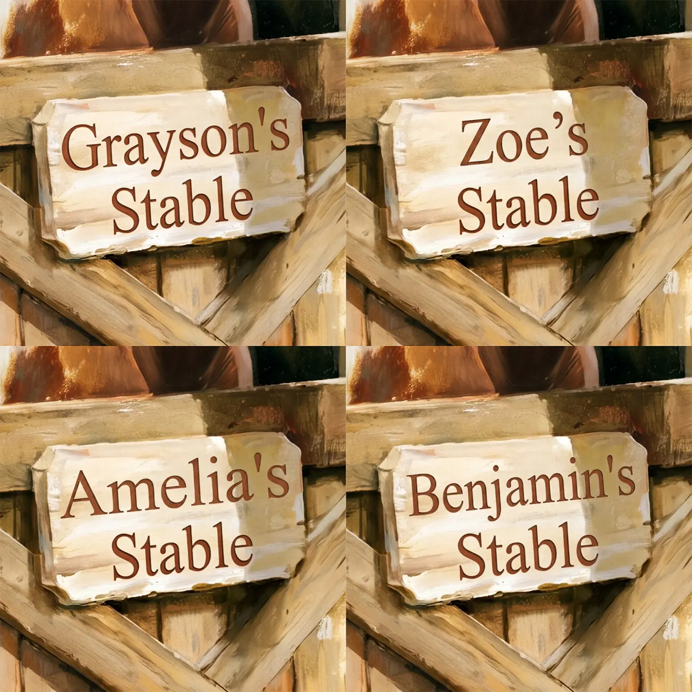 Four name preview examples of Gentle Pony Stable Personalized Wall Mural by Whimsy Tots