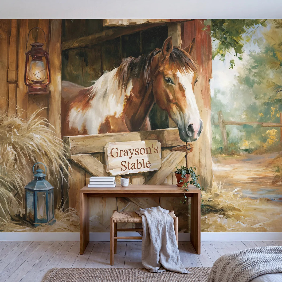 Gentle Pony Stable Personalized Wall Mural in playroom setting by Whimsy Tots