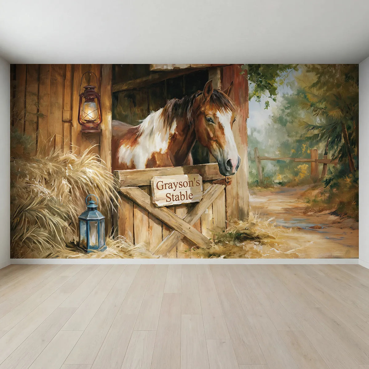 Full view of Gentle Pony Stable Personalized Wall Mural by Whimsy Tots