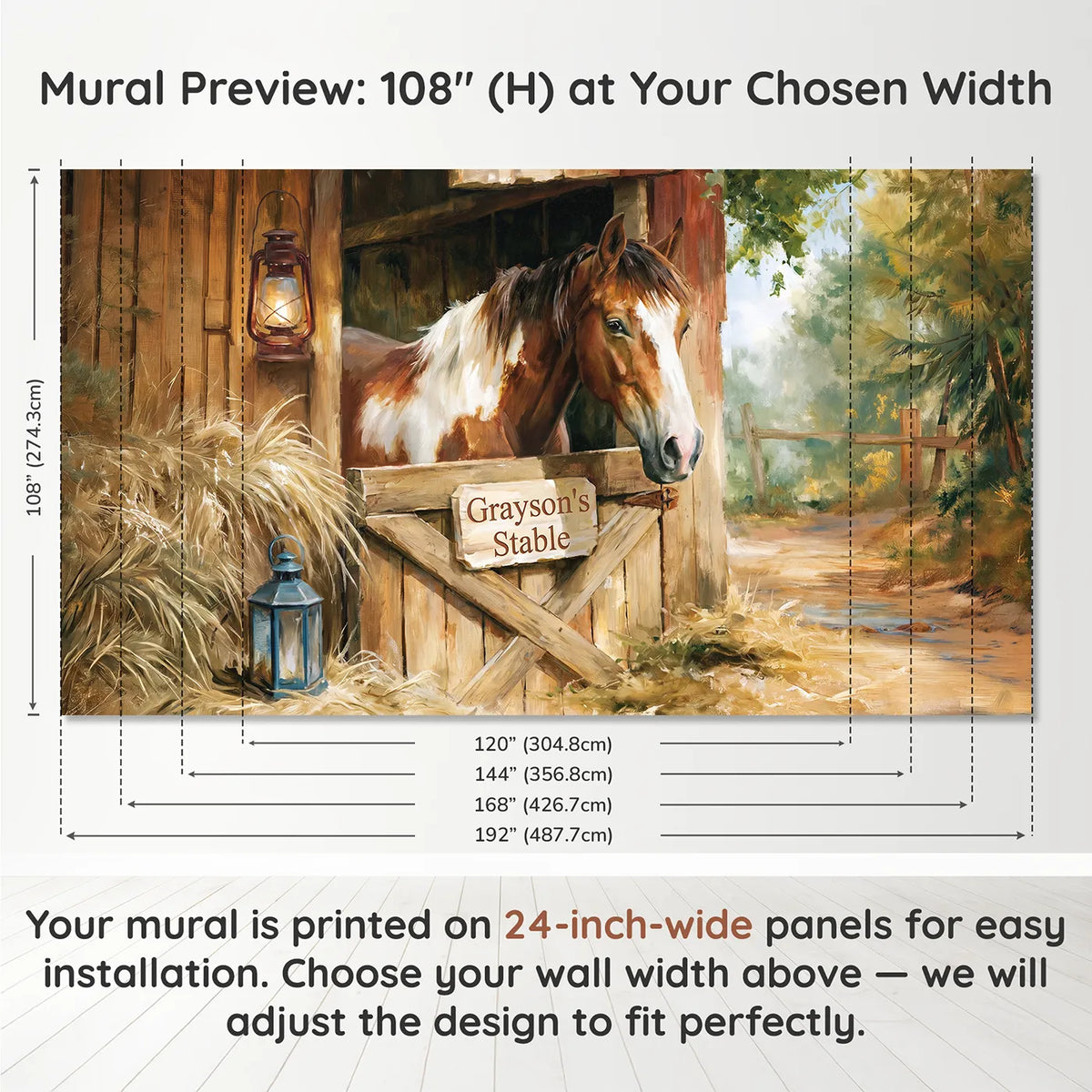 Panel layout and dimensions for Gentle Pony Stable Personalized Wall Mural by Whimsy Tots