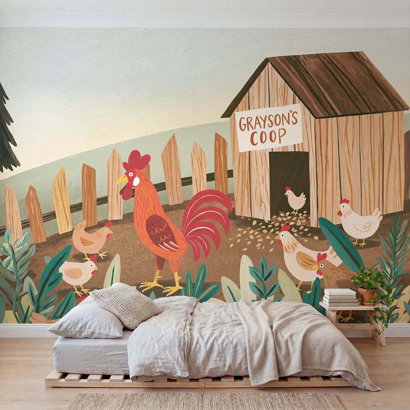 Modern Illustration rooster personalized wall mural with coop name sign for playroom by Whimsy Tots