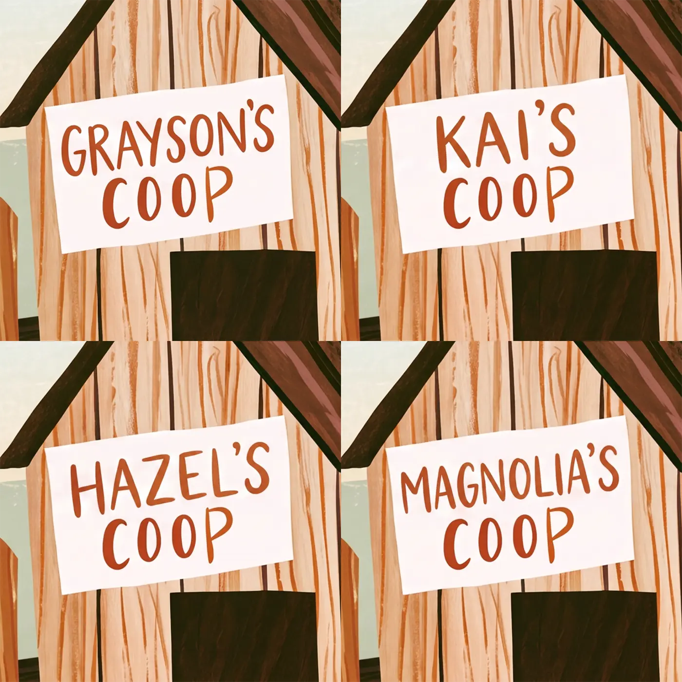 Four name preview examples of Rooster Chicken Coop Personalized Wall Mural by Whimsy Tots