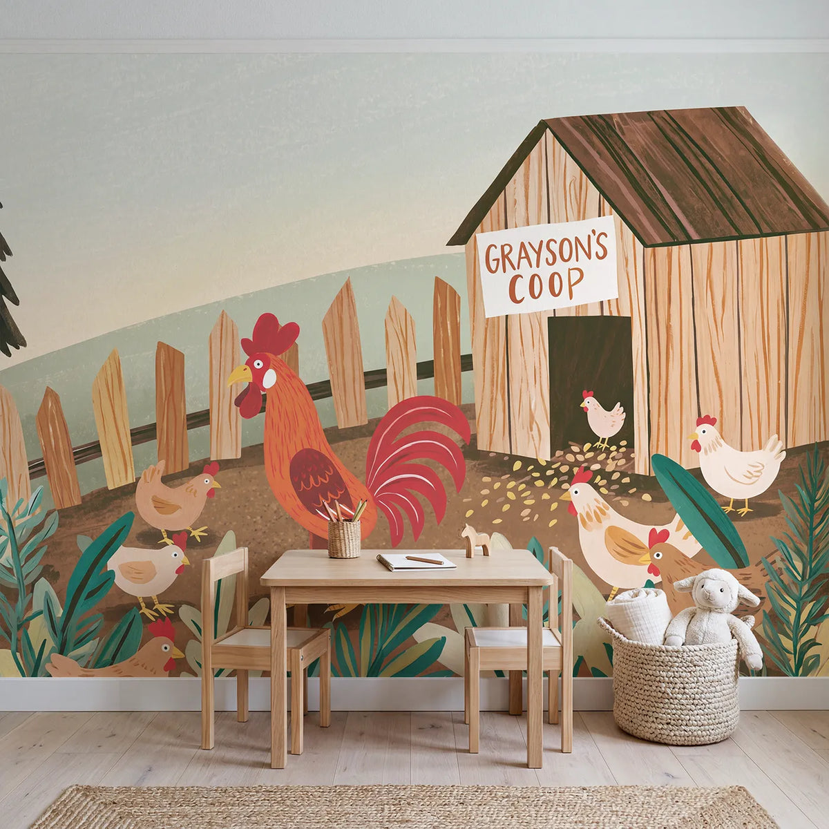 Rooster Chicken Coop Personalized Wall Mural in playroom setting by Whimsy Tots
