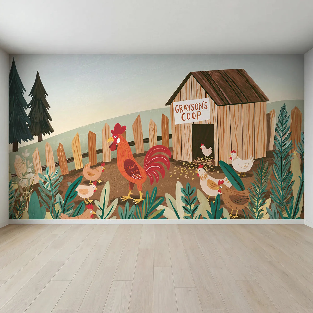 Full view of Rooster Chicken Coop Personalized Wall Mural by Whimsy Tots