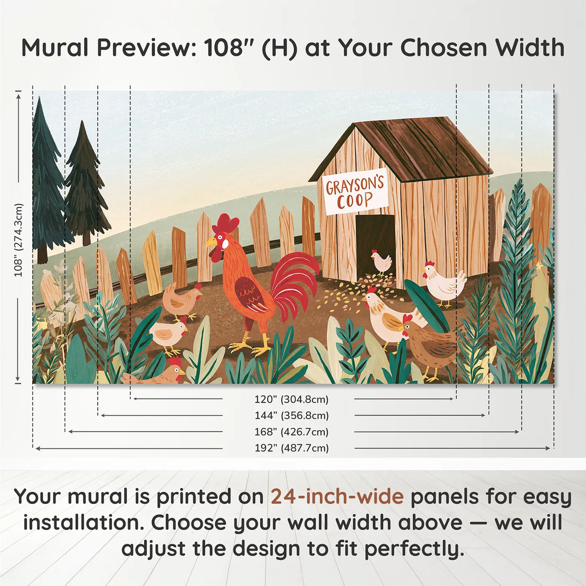 Panel layout and dimensions for Rooster Chicken Coop Personalized Wall Mural by Whimsy Tots