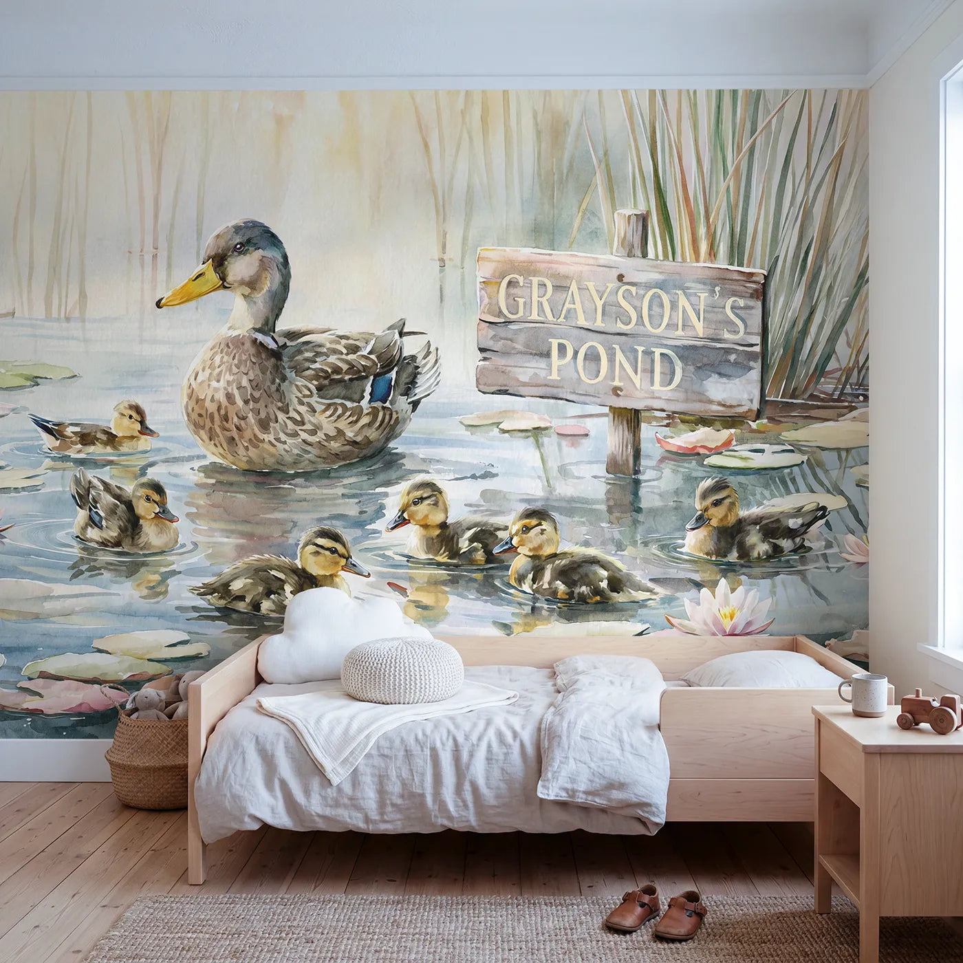 Watercolor duck ducklings personalized wall mural with pond name sign for kids room by Whimsy Tots