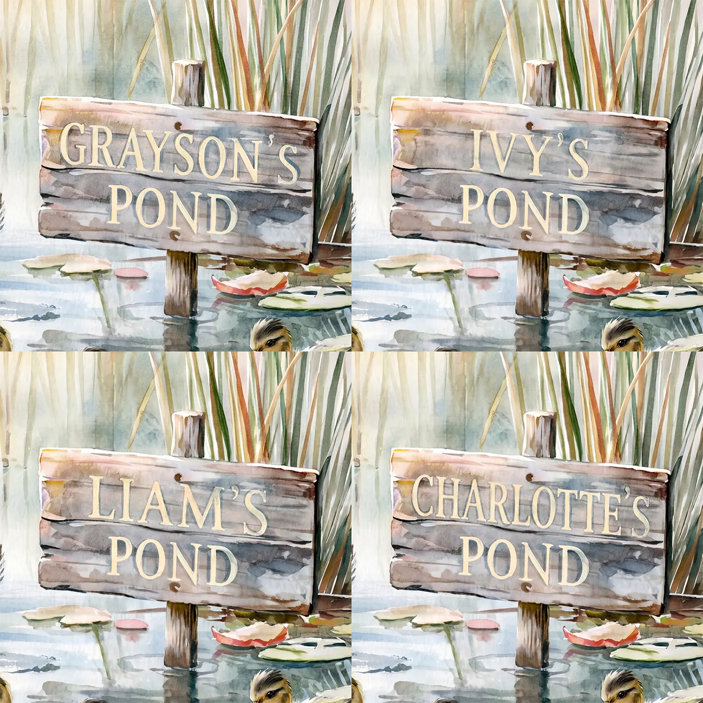 Four name preview examples of Duck Pond Ducklings Personalized Wall Mural by Whimsy Tots